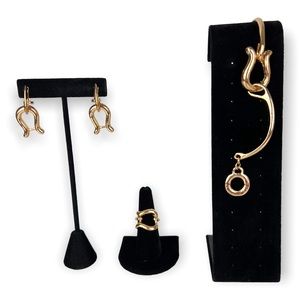 Lucky Horseshoe Stirrup Jewelry Set Bracelet Earrings Ring Gold Tone